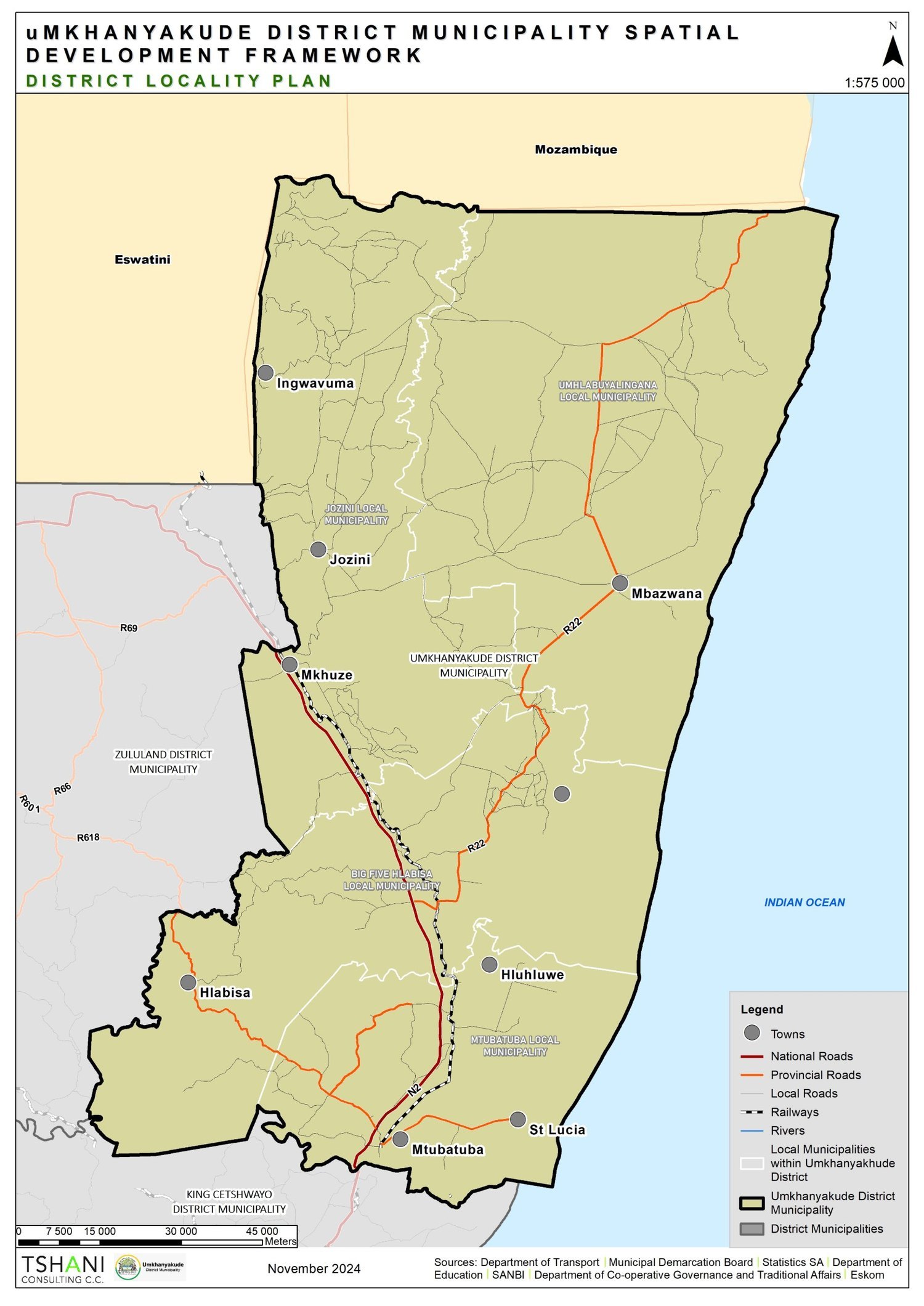 uMkhanyakude District Municipality locality plan showing the district boundary, the four local municipalities, towns, the N2 national route, the R22 provincial route, railways and the borders with Mozambique and Eswatini