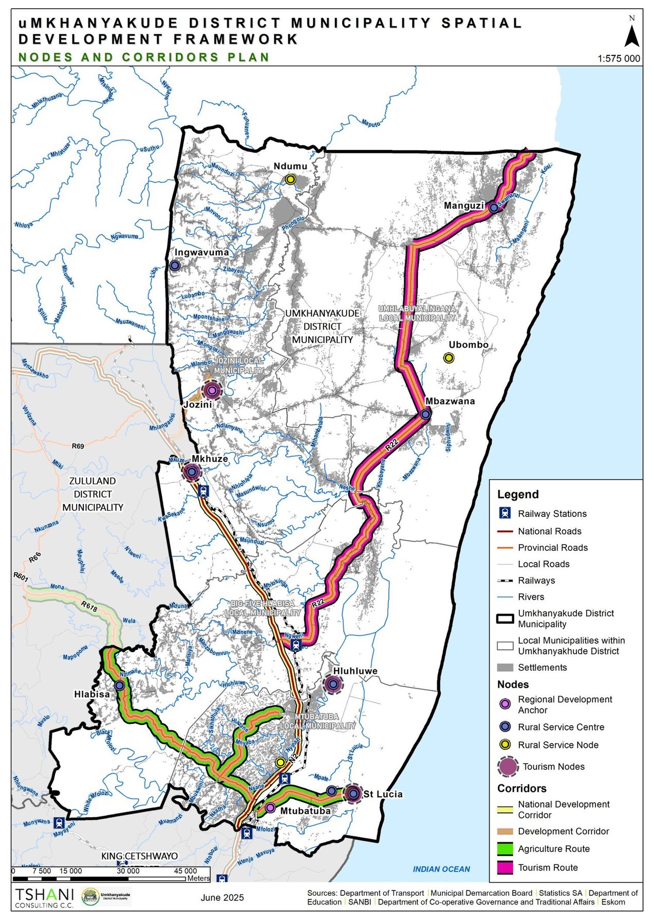Nodes and corridors plan of uMkhanyakude showing regional development anchors, rural service centres, tourism nodes and the national, development, agriculture and tourism corridors