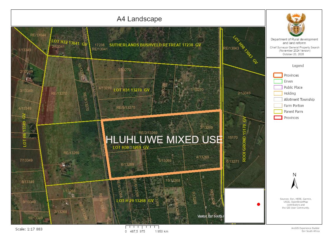Chief Surveyor General property search extract showing the Hluhluwe Mixed Use holding outlined across several registered farm portions