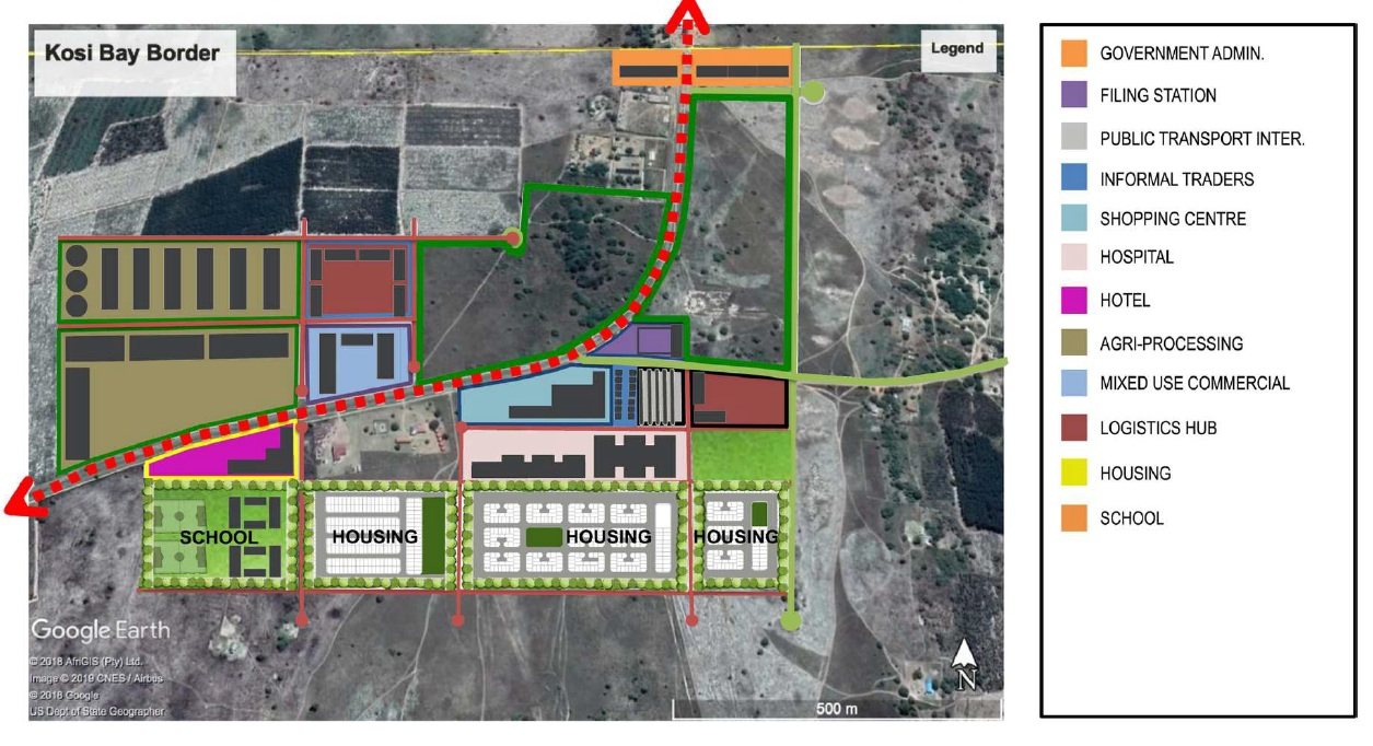Indicative layout plan for the Kosi Bay Border Node showing government administration, a filling station, a transport interchange, trader space, a shopping centre, a hospital, a hotel, agri-processing, mixed-use commercial, a logistics hub, housing and a school along the road to the border post
