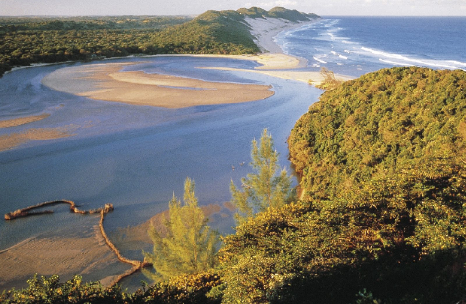 Aerial view of the Kosi Bay estuary where a wide sandy channel meets the sea, with dense coastal bush around it