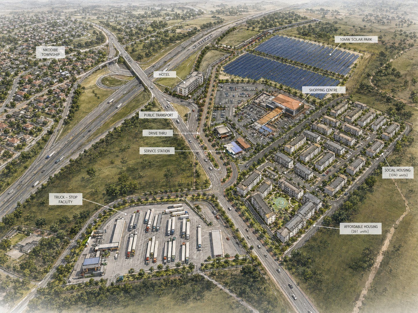 Annotated aerial masterplan of the Nkodibe Interchange Precinct against the N2