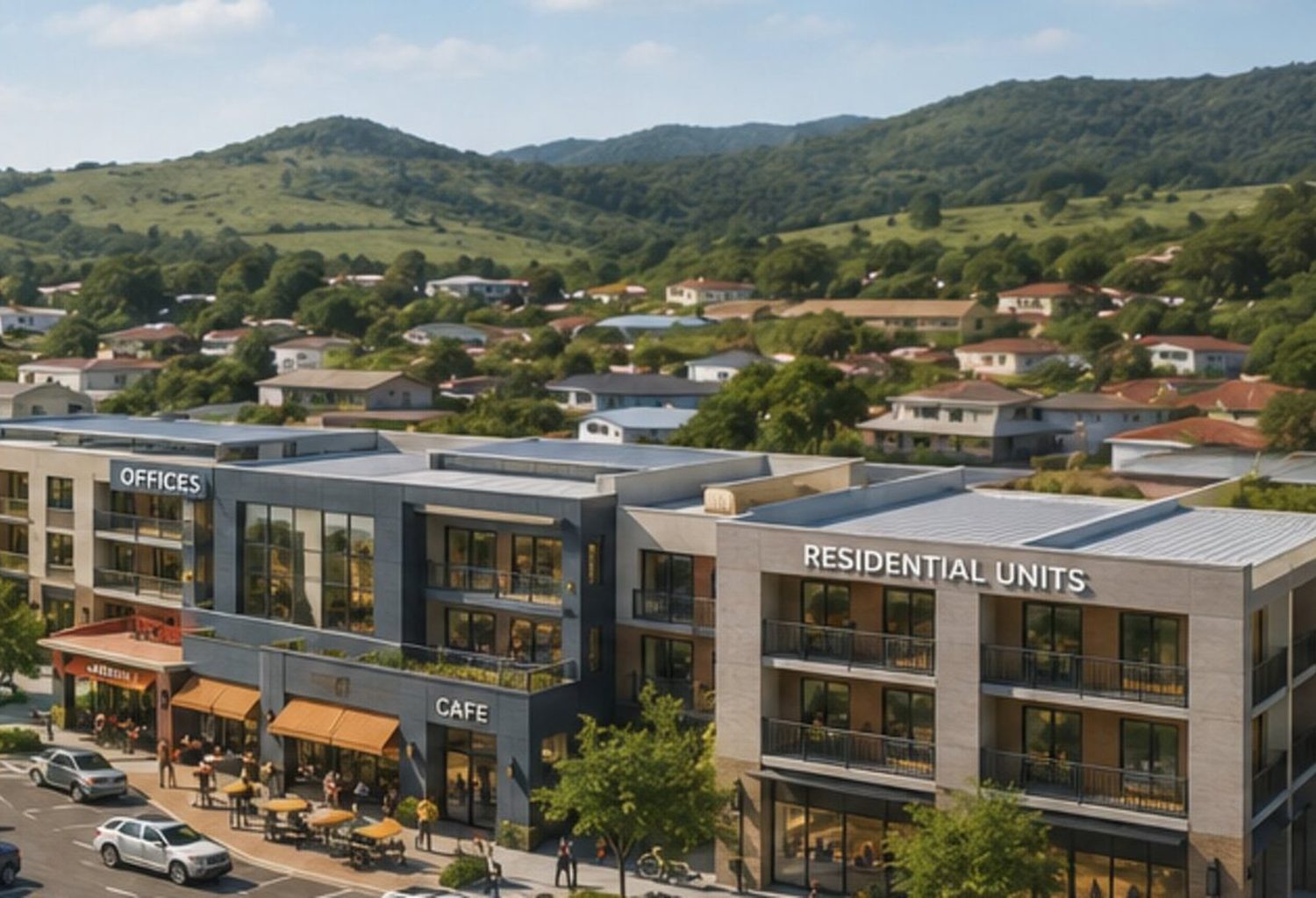 An architectural visualisation of a mixed-use precinct with shops, offices and residential units around a parking area