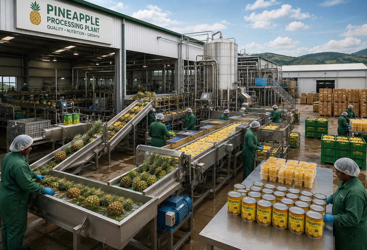A visualisation of a fruit processing plant interior with a sorting line, stainless steel tanks and workers in protective clothing