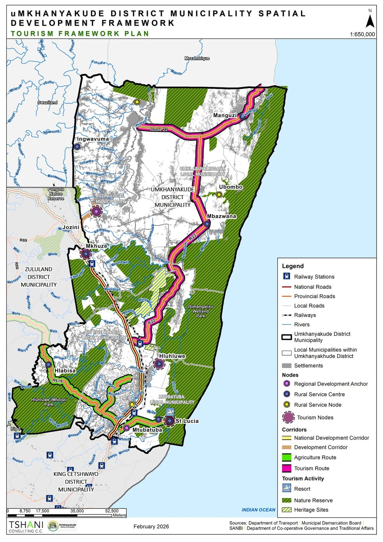 Tourism framework plan of uMkhanyakude showing the Route 22 tourism route, nature reserves, heritage sites and tourism nodes along the coast and the N2