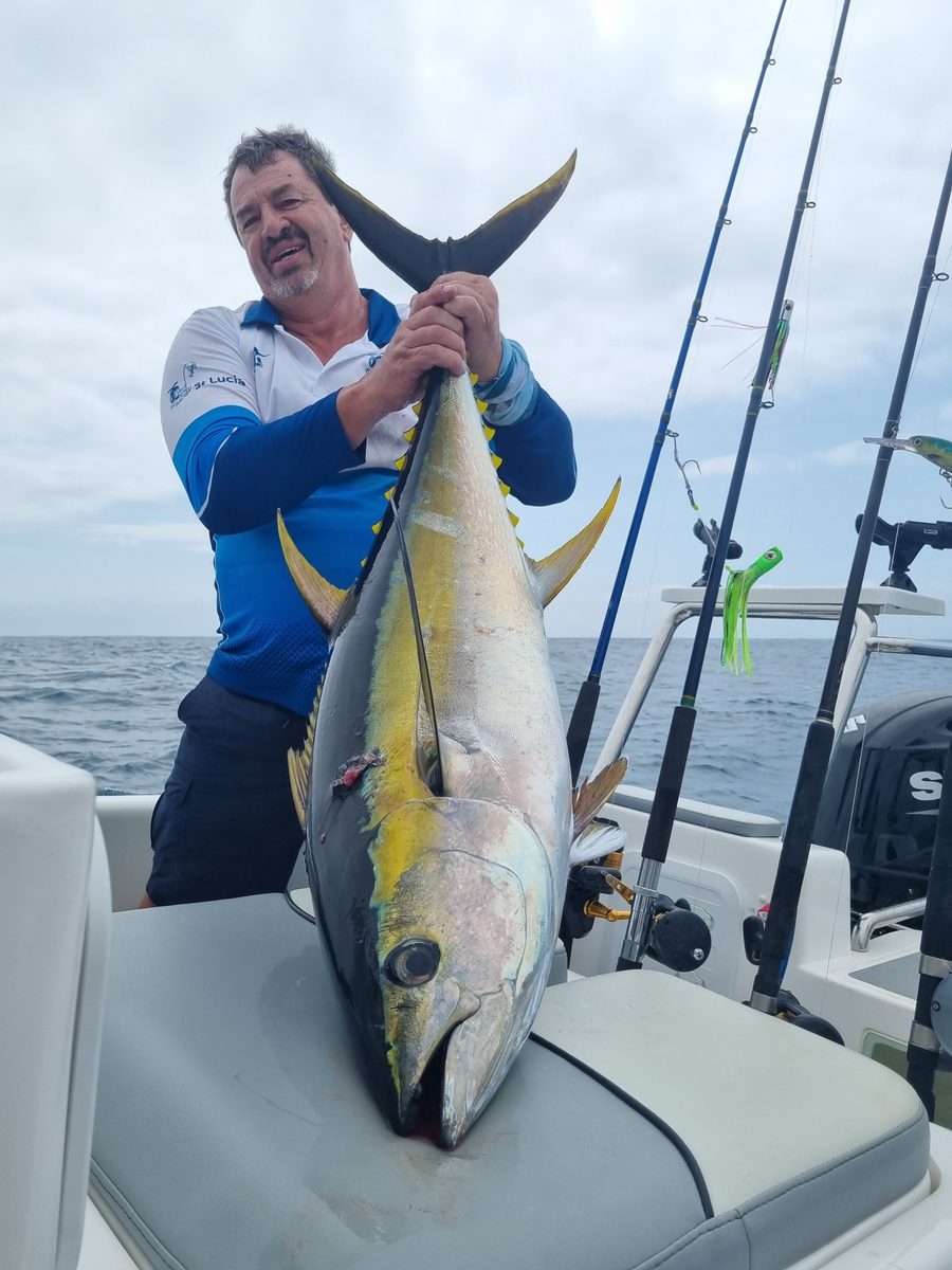 A skipper holding a yellowfin tuna aboard a charter boat offshore